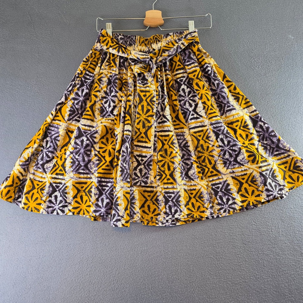 Look At Me Cotton Batik Print Midi Skirt Yellow‎ Purple Geometric Elastic Waist